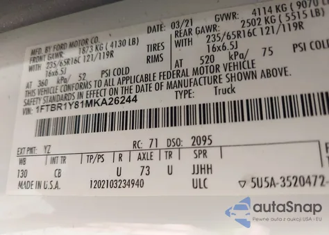 2021 Ford Transit-250 из США, поврежденный, VIN 1FTBR1Y81MKA26244